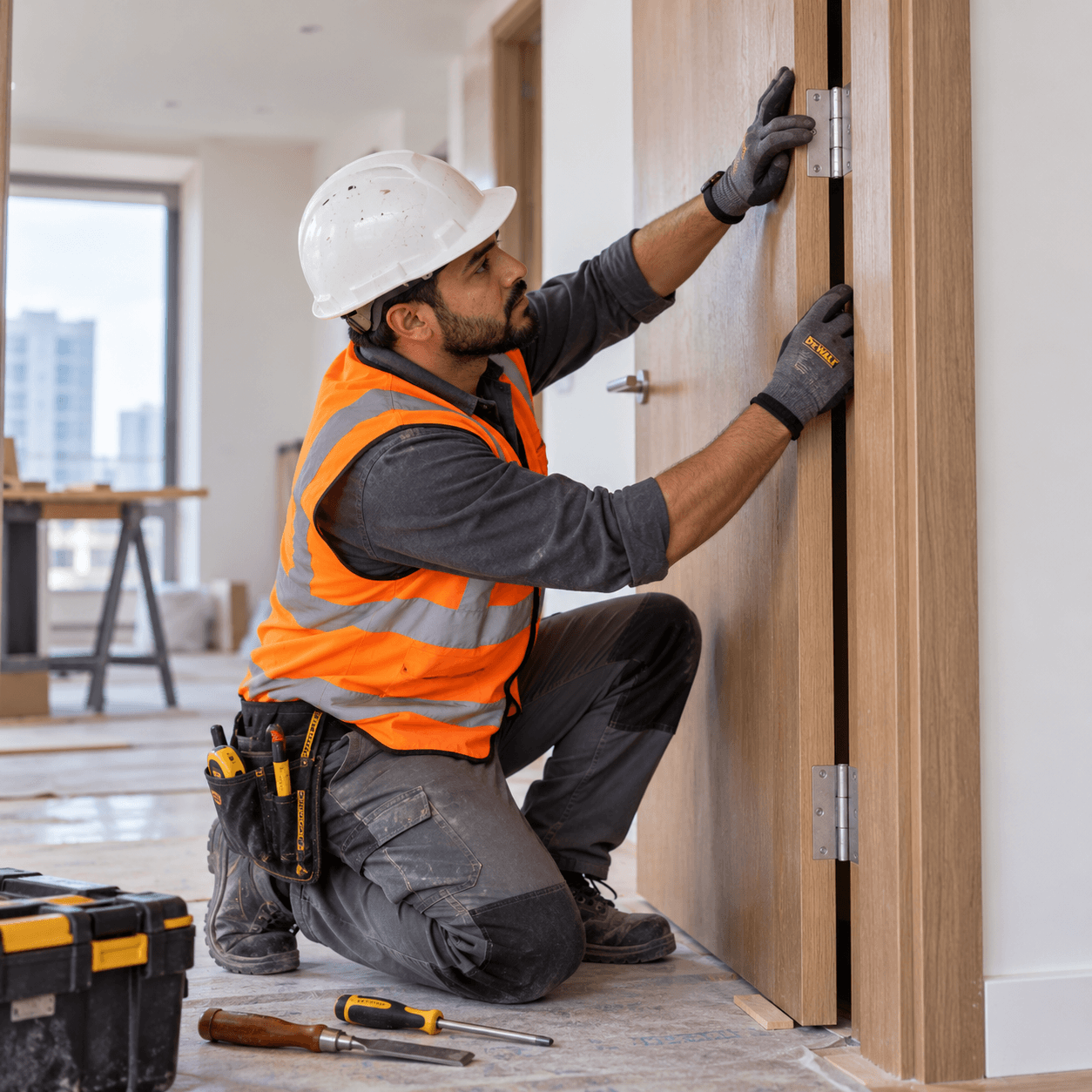 Carpenter hanging a door in a newly finished interior