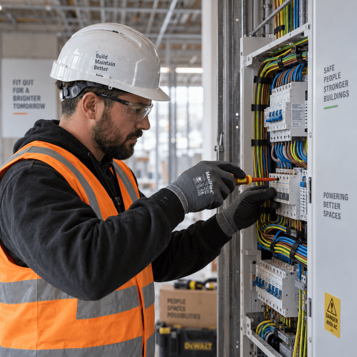 Electrician terminating cable in a distribution board on a Dubai project site