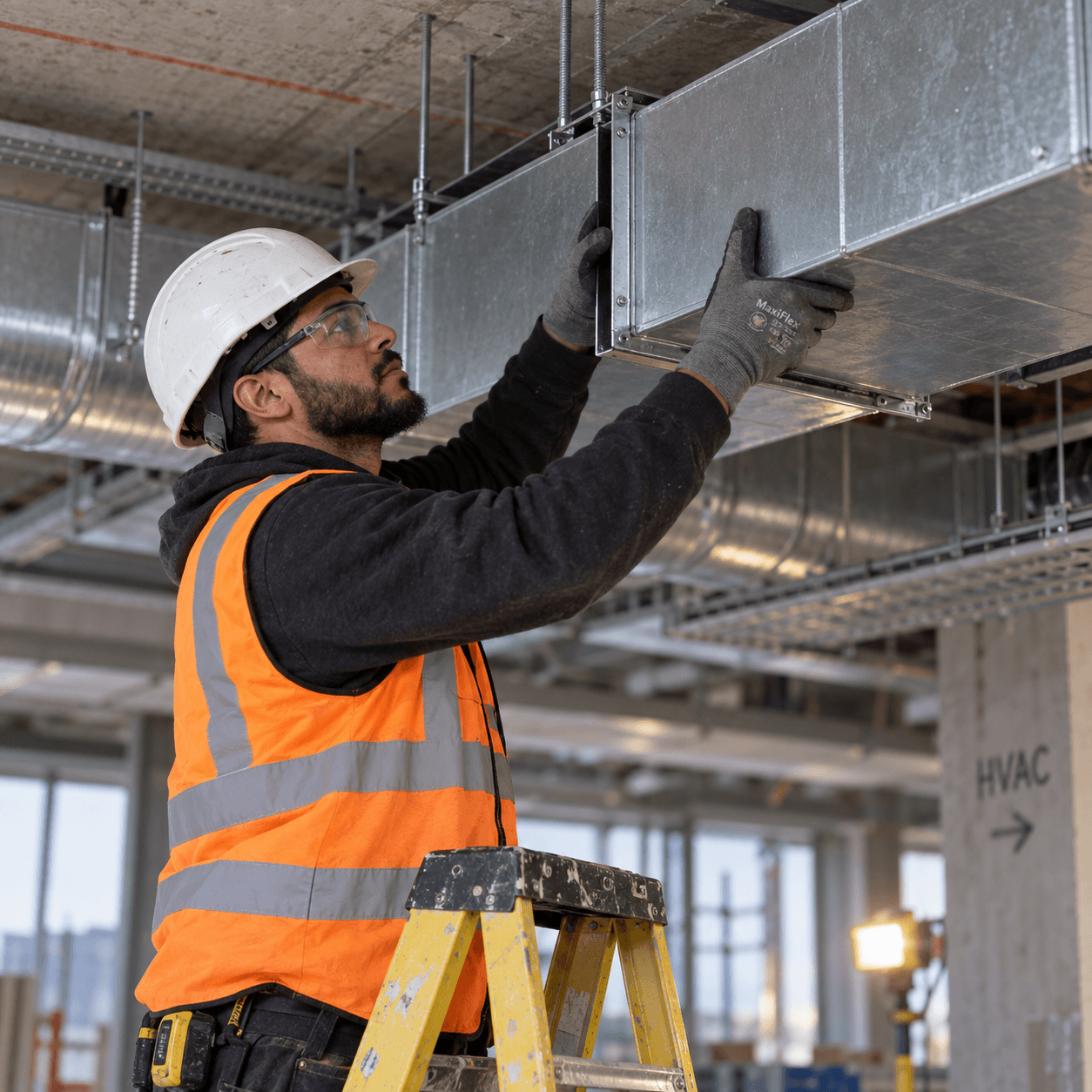 HVAC technician fitting ducting into a ceiling void