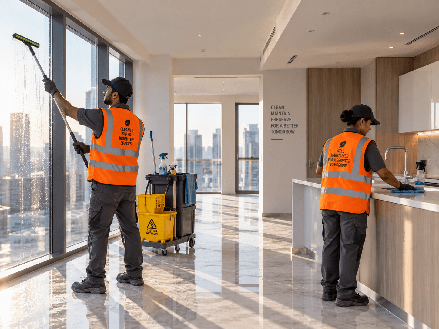 Cleaning team completing post-construction handover cleaning